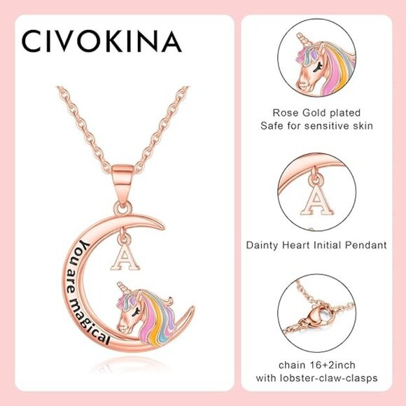 Unicorns Girls Necklaces, 14K Rose Gold Plated Moon Pendant Unicorn  Initial "L" - Picture 4 of 6
